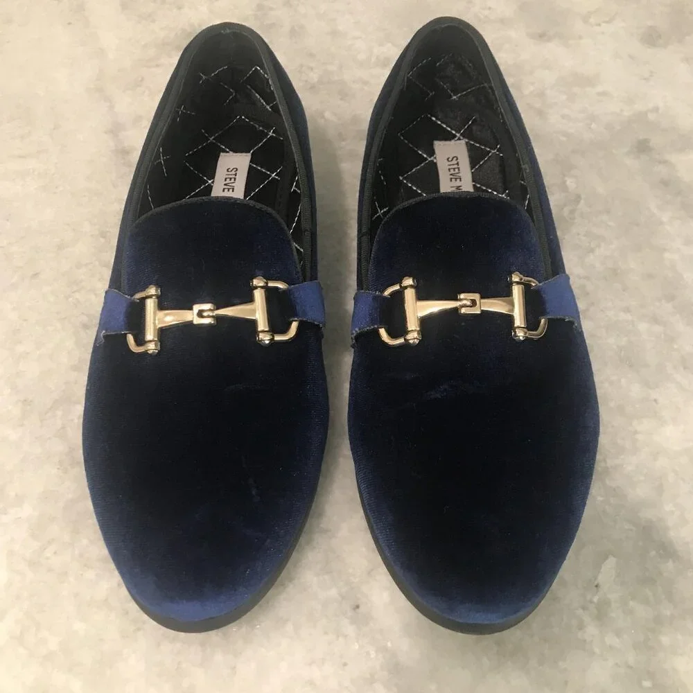 Steve Madden Loafers Shoes Mens Size 7.5 Navy Velvet Horsebit Slip On Coime Gold